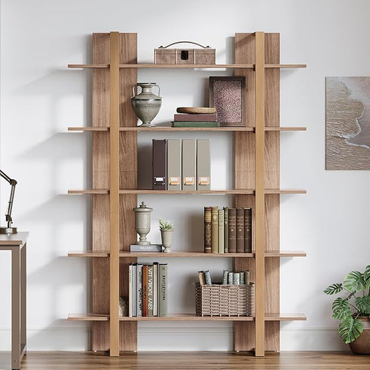 Tribesigns 5-Tier 47 Inches Bookshelf Bookcase, Boho Open Bookshelves Etagere Display Office Shelving Unit, for Living Room, Office & Bedroom, Metal & Wood, Retro Dark Brown