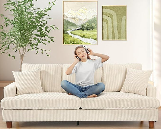 87in Corduroy Couch, Kidirect Sofa No Tool Assembly, Comfy Couches for Living Room 21in Deeper Seats, Corduroy Sofas for Living Room with 2 Pillows, Oversized Loveseat Sofa, Boho Love Seat Beige Couch