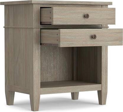 SIMPLIHOME Carlton Bedside Table - 24 inch Wide Solid Wood Nightstand Table in Distressed Grey, Transitional Bedroom Side or End Table with 2 Drawers, Open Storage Shelf and Bronze Hardware