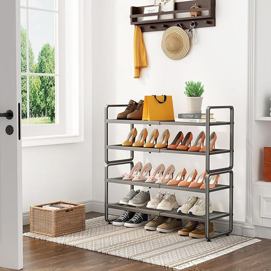 Shoe Rack - Expandable Shoe Organizer for Closet, Adjustable Metal Shoe Shelf Storage, Stackable Long Shoe Stand Holder for Garage, Entryway, Door Entrance (Grey, 4-Tier)