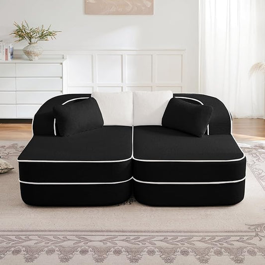 77.2" Oversized Double Lounge Chaise, Boneless Lounge Sofa Bed, Cloud Loveseat Sleeper Couch for Indoor Living Room, No Assembly Required, Teddy Fabric,Black