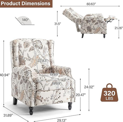 Pushback Recliner Chair, Floral Fabric Wingback Recliner Chair, Upholstered Armchair Push Back Recliner, Rivet Trim Single Sofa Accent Chair with Wood Legs for Living Room, Plants Beige