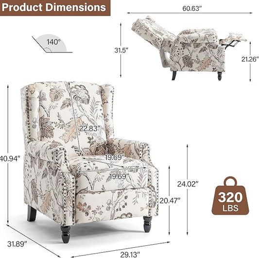 Pushback Recliner Chair Set of 2, Floral Fabric Wingback Recliner Chair, Upholstered Armchair Push Back Recliner, Rivet Trim Single Sofa Accent Chair with Wood Legs for Living Room, Plants Beige