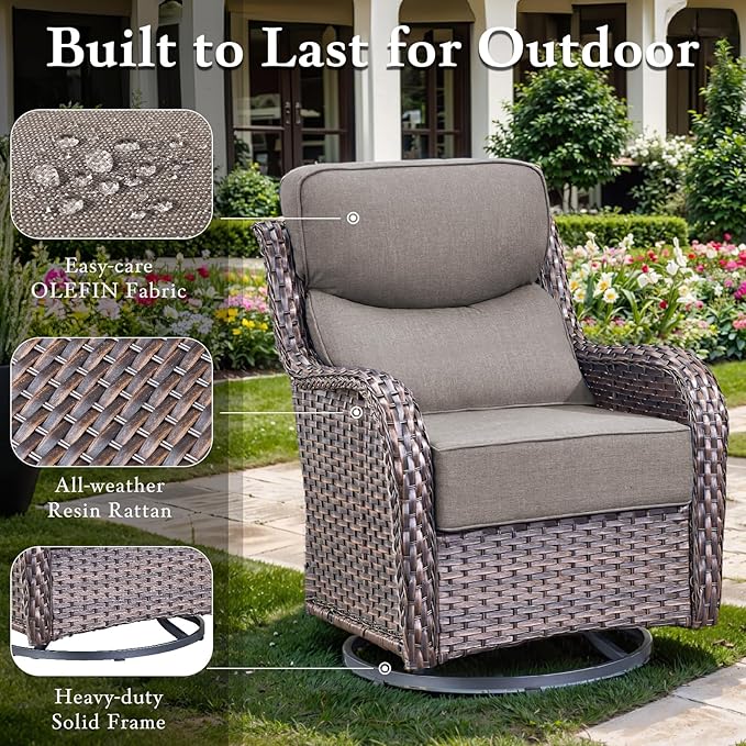 Luxury High Back Outdoor Furniture with 6-inch Extra Thick Cushions, Patio Furniture Set with Fire Pit Table & Swivel Chairs, 7 PCS Wicker Conversation Set for Yard, Deck, Poolside, Brown/Grey