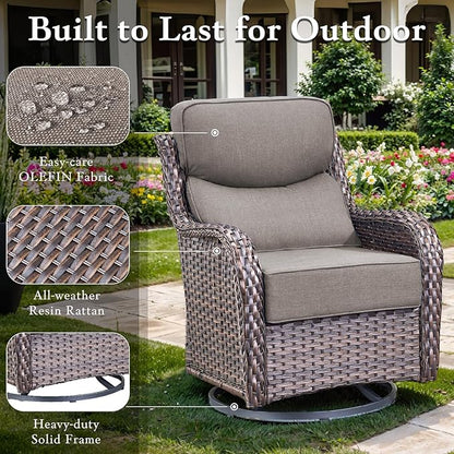 Luxury High Back Outdoor Furniture with 6-inch Extra Thick Cushions, Patio Furniture Set with Swivel Chairs, 10 PCS Wicker Conversation Set for Yard, Deck, Poolside, Brown/Grey