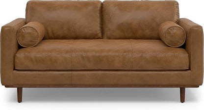 SIMPLIHOME Morrison Mid-Century Modern 72 inch Wide Sofa with Ottoman Set in Caramel Brown Genuine Leather for the Living Room and Family Room