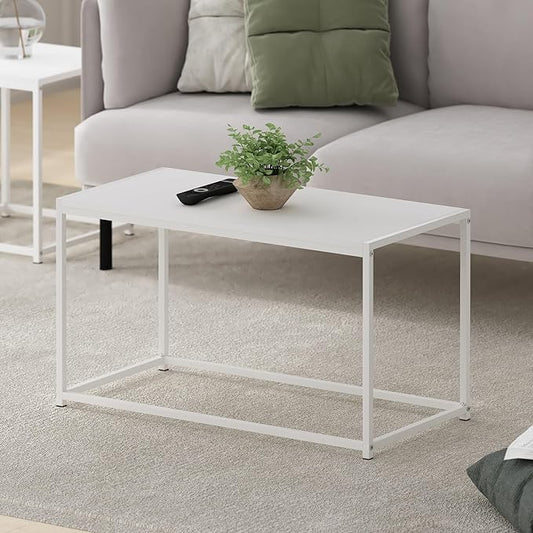 Furinno CAMNUS Coffee Table, Metal Frame Modern Coffee Table, Rectangular Side Table, Toolless Assembly, for Living Room, Bedroom, Home Office, Solid White