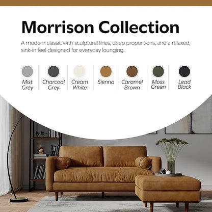 SIMPLIHOME Morrison 72-inch Wide Sofa in Sienna Top Grain Genuine Leather, Mid-Century Modern-Style Loveseat for Living Room, Single Bench Cushion, Removable Back Cushions, 2 Bolster Pillows