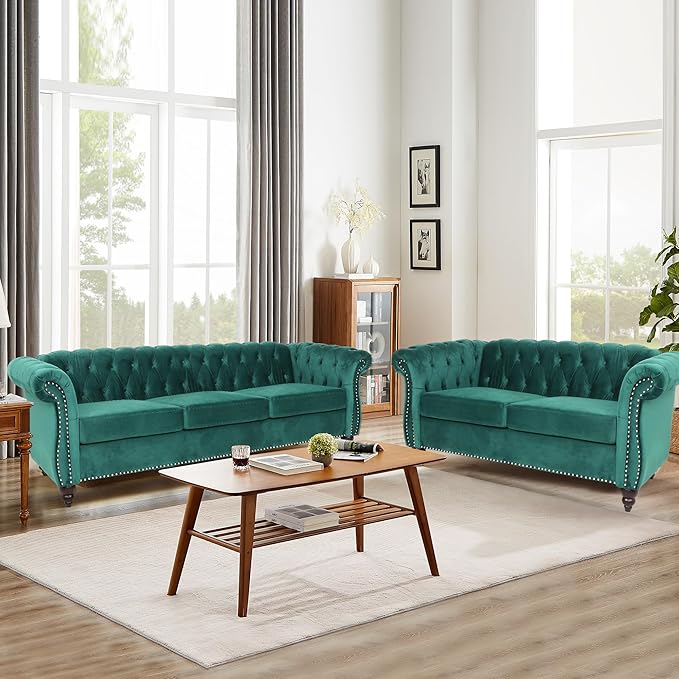 Velvet Sofa Couches Set, 3-Piece Mid Century Modern Upholstered Couch with Cushions, Home Sofa Sectional Furniture Sets, Comfy Tufted Chesterfield Couches for Living Room, Bedroom, Office