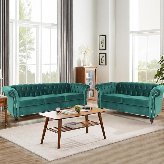 Living Room Velvet Sofa and Loveseat set, Mid Century Modern Upholstered Couch with Cushions, 2-Piece Home Sofa Furniture Sets, Comfy Tufted Chesterfield Couches for Living Room, Bedroom, Office