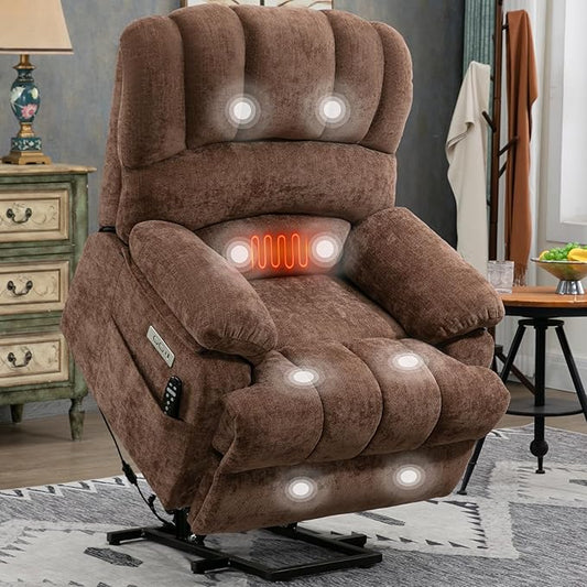 Power Recliner with Vibration Massage & Lumbar Heat, Electric Lift Chairs for Elderly, High Back Reclining Max 155 Degree with Charging Ports, Chenille Fabric Brown