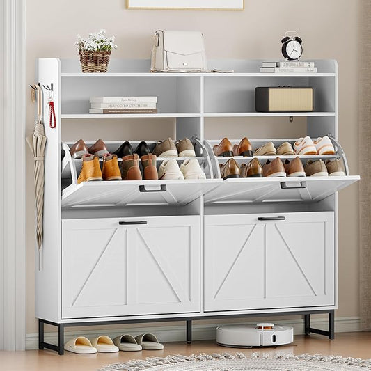 Shoe Cabinet Storage for Entryway, Shoe Storage Cabinet with 4 Flip Drawers, Freestanding Narrow Shoe Rack Organizer with Metal Legs, Adjustable Shelves & Open Storage for Foyer, Hallway, White