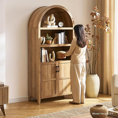 mopio Lauren 77.4" Tall Arched Cabinet, 5-Tier Arched Bookcase with Doors and Adjustable Shelves, Arch Bookshelf with Storage, Wooden Storage Cabinet for Living Room and Kitchen Pantry (Oak)