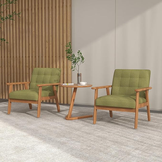 KCC Mid-Century Modern Linen Fabric Accent Chair, Upholstered Leisure Chair Comfy Reading Side Chair with Armrest and Solid Wood Frame for Living Room Bedroom Balcony(Green)
