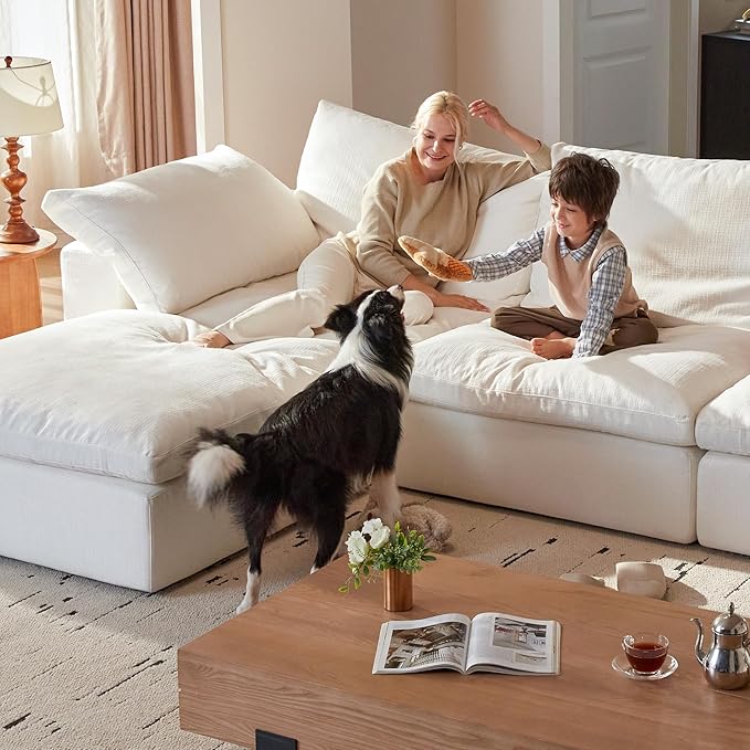 Modular Cloud Sofa, 141.7" Cloud Sectional Couches with Deep Seat, L-Shape 4-Seat Couch with Ottoman for Living Room, Modern Comfy Couch with Washable Cover, Wide Armrest (White,1 Ottoman)