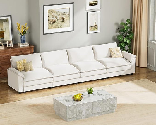 Homall 159" Modular Sectional Sofa, Linear Sofa Couch with Double-Layer Cushion, DIY Combination Chenille Deep 4-Seat Cloud Couch for Living Room, Apartment (White, Linear Sofa)