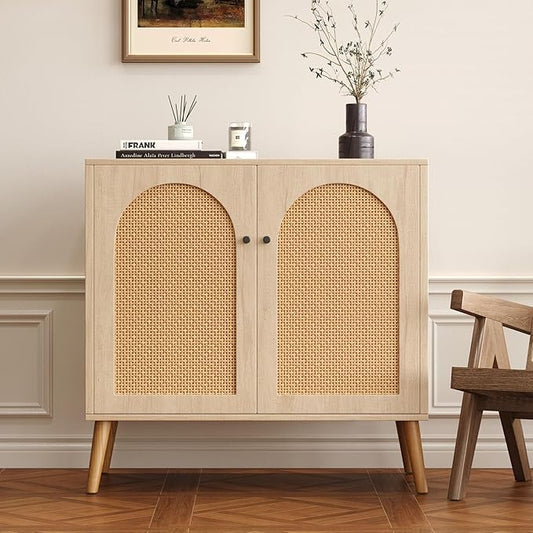 Rattan Storage Cabinet, 2-Door Boho Sideboard in Oak, Adjustable Shelf, Elegant Rattan Buffet Cabinet with Storage for Stylish Home Organization 31.5" Oak Set 2
