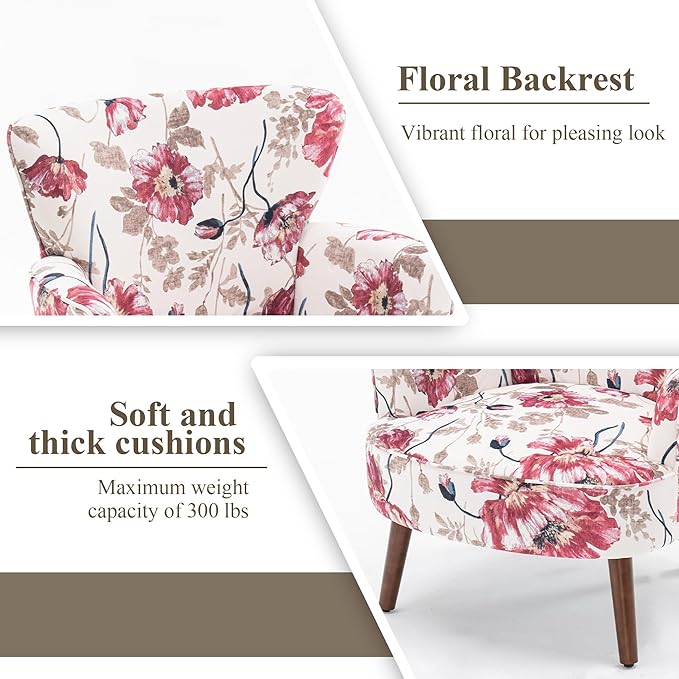 Floral Accent Chair, Upholstered Living Room Chairs with Solid Wood Legs, Mid Century Modern Velvet High Back Armchair for Living Room, Bedroom, Pink