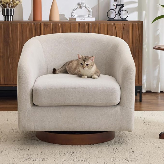 AEDI Swivel Accent Chair with Solid Wood Base, Upholstered Barrel Armchair for Living Room, Modern Small Club Chair,Beige
