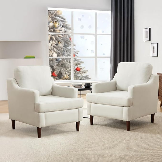 Mid-Century Accent Chair Modern Linen Fabric Armchair for Living Room,Deep Seat Comfy Upholstered Reading Chairs for Bedroom,Single Sofa Chair with Wood Legs (Linen Beige, Set of 2)