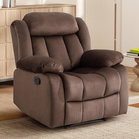 INZOY Manual Recliner Chair with Padded Armrest, Wall-Hugger Single Sofa Recliners with Overstuffed Back, Classical Fabric Reclining Chairs for Living Room Theater Seating, Brown