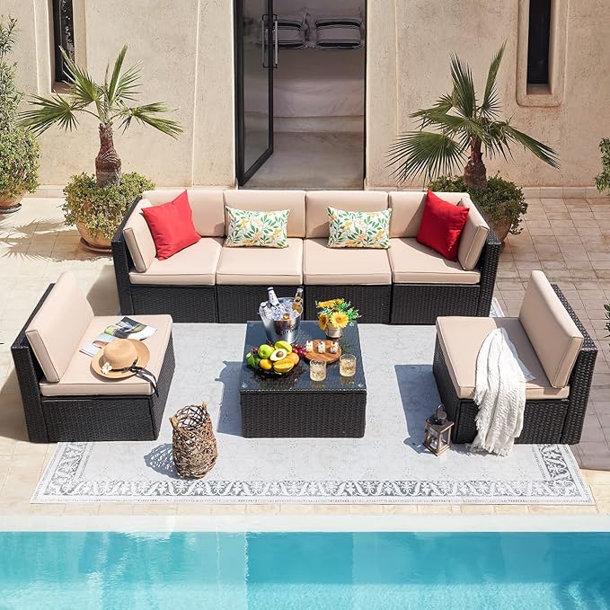 Devoko 7 Pieces Outdoor Sectional Sofa Patio Furniture Sets Manual Weaving Wicker Rattan Patio Conversation Sets with Cushion and Glass Table (Beige)