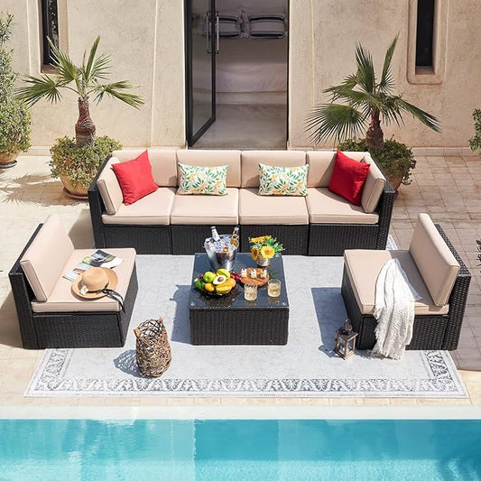 Devoko 7 Pieces Outdoor Sectional Sofa Patio Furniture Sets Manual Weaving Wicker Rattan Patio Conversation Sets with Cushion and Glass Table (Beige)