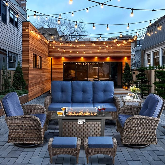 HUMMUH 7-Piece Patio Furniture Set with Fire Pit,Wicker Patio Sofa Set Outdoor Swivel Rocking Chairs with Ottomans for Backyard,Poolside,Deck