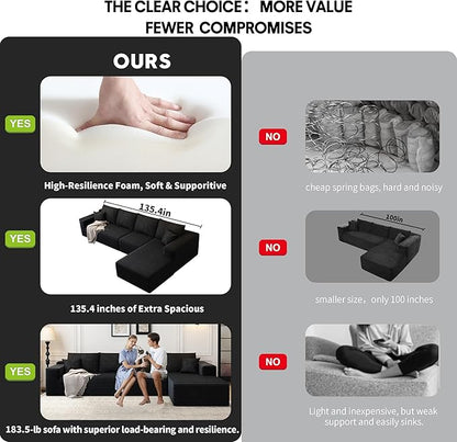 135.4" Cloud Sectional Couch with L-Shape Chaise,Modern Modular Sofa with Deep Seat, Upholstered Couches for Living Room Bedroom Apartments,No Assembly Required, (Black,Right Facing Chaise)