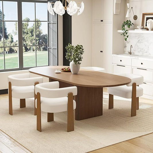 Upholstered White Velvet Dining Chairs Set of 4, Boho Modern Barrel Accent Armchairs, Thick Padded Seat & Natural Wooden Legs, Mid Century Inspired Kitchen/Dining Room Chairs, Creamy White