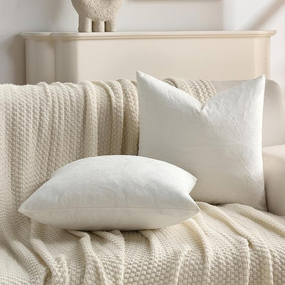 FUTEI Cream Velvet Throw Pillow Covers 12x20 Inch Set of 2,Soft Embossed Leaf-Relief Textured Lumbar Pillow Cases,Natural Home Decor for Couch Living Room