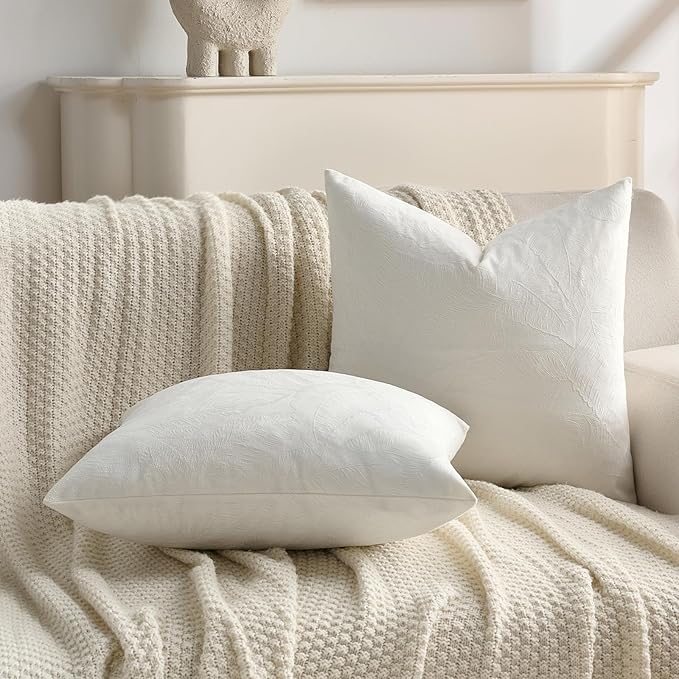 FUTEI Cream Velvet Throw Pillow Covers 16x16 Inch Set of 2,Soft Embossed Leaf-Relief Textured Cushion Cases,Natural Home Decor for Couch Living Room
