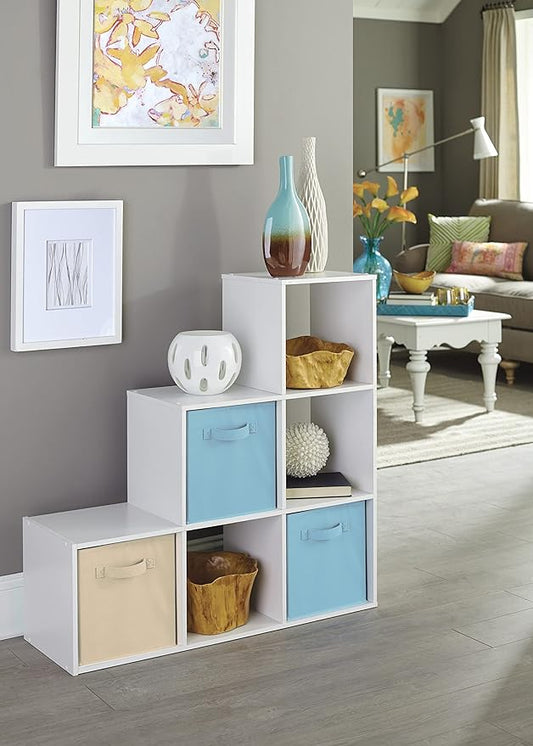 ClosetMaid Cubeicals 3-2-1 Cube Storage Shelf Organizer Bookshelf, 3 Tier, Steps, Corner Unit, Easy Assembly, Wood, White Finish