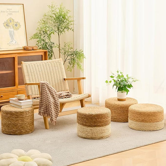 Wimarsbon Round Pouf Ottoman, Natural Hand Knitted Footrest Poof, Rustic Lounge Pouffe, Boho Pous Foot Stool, Accent Table or Seat (Natural Cattail, 15.7 * 15.7 * 11.8)