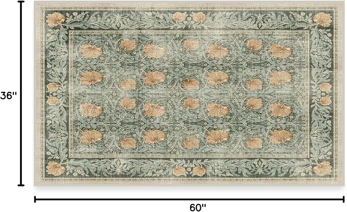 RUGGABLE x Morris & Co Washable Area Rug – Pimpernel Vintage Green 3x5, Stain-Resistant, Non-Slip – Small Machine Washable Rugs for Living Room, Bedroom, Hallway, Entryway & Office–with Standard Pad