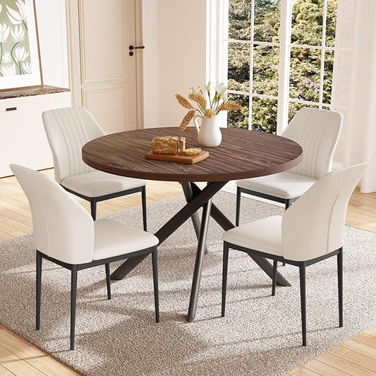 45.3'' Walnut Round Dining Table Set for 4, Mid Century Modern Small Coffee Set for Dining Room Kitchen Apartment (Dark Walnut Table + 4 White Chairs)