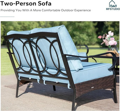 MFSTUDIO 5 PCS Outdoor Patio Furniture Set, Metal Outdoor Conversation Set, Rattan Wicker Patio Sectional Sofa Set with 2 x Rocking Single Sofa, 2-Seat and 3-Seat Sofa, 1 x Coffee Table, Blue