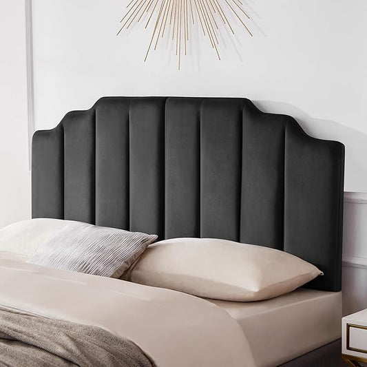 King Upholstered Headboard, Velvet Head Board, Tufted King Headboard only, Elegantly Curved Headboards only, Modern Vertical Channel Design Bed Head Board, Dark Gray