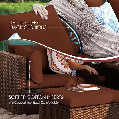 NICESOUL Modern 9 Pcs Patio Sectional Sofa Set with Fire Pit Natural Gas/Propane, Extra Large Outdoor Furniture Sets, 29.3'' High Back Deep Seats Conversations 8 Seater, Brown Rattan and Red Cushion