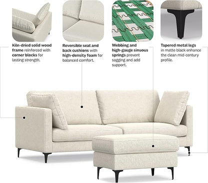 SIMPLIHOME Ava Sofa and Ottoman in 100% Recycled Polyester Performance Fabric, Cream, 90-inch-wide 3-Seater Couch and Matching 36-inch-wide Table Ottoman for Living Room, 2-Piece Set