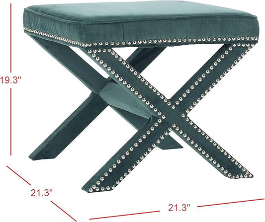 SAFAVIEH Home Collection Palmer Marine with Silver Nailhead Trim X-Bench Ottoman Foot Stool, Fully Assembled (MCR4589U)