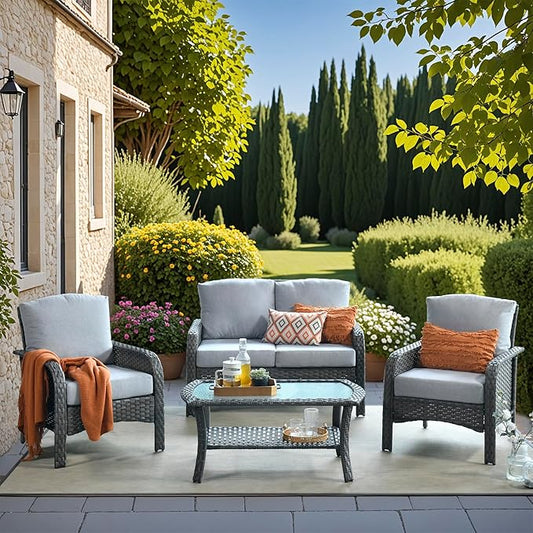 4 Pieces Wicker Patio Furniture - All-Weather PE Wicker Outdoor Conversation Bistro Set Loveseat Chairs with Table,Outdoor Rattan Sofa Chairs High Back Deep Seating,Light Grey