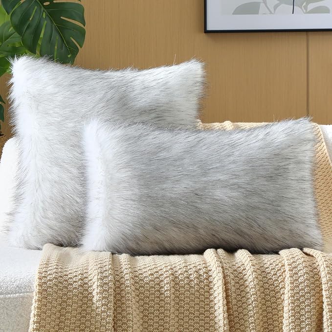 FUTEI Black White Decorative Throw Pillow Covers 22x22 Inch Set of 2,Soft Fluffy Faux Fox Fur Textured Cushion Case,Modern Home Decor for Couch Living Room