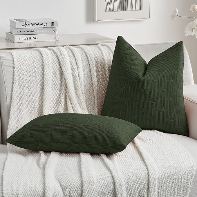 FUTEI Christmas Dark Green Chenille Decorative Throw Pillow Covers 12x20 Inch Set of 2,Soft Cozy Striped Geometric Patterns Lumbar Pillow Cases,Modern Home Decor for Couch Bed Living Room
