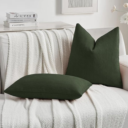 FUTEI Christmas Dark Green Chenille Decorative Throw Pillow Covers 12x20 Inch Set of 2,Soft Cozy Striped Geometric Patterns Lumbar Pillow Cases,Modern Home Decor for Couch Bed Living Room
