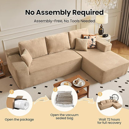 104" Cloud Sectional Couch with Chaise, Boneless L-Shaped Cloud Couch with Deep Seat, Corduroy Modern Minimalist Sofa, Assembly Free Comfy Sofa for Office Living Room Apartment(Camel, Right Chaise)