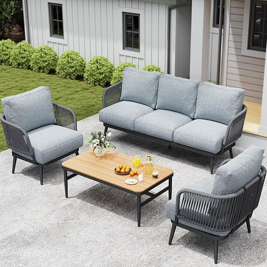 6 Piece Outdoor Patio Furniture Set, Outdoor 5-Seat Sofa with Coffee Table, Waterproof Thick Cushion Patio Conversation Set, All Weather Outdoor Couch Set for Deck, Lawn, Balcony, Porch