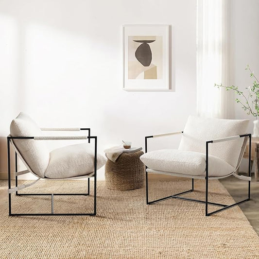 Furnilivng Large Sling Accent Chairs Set of 2, Comfortable Boucle Fabric Arm Chair, Upholstered Cozy Reading Chair for Living Room, Bedroom, Dressing Room, Home Office, White