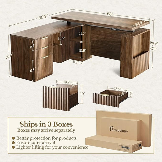 63 Inches L Shaped Standing Desk, Executive Standing Desk with Drawers and File Cabinet, AC/USB, 1.18" Whole-Piece Desktop, Multi-sized Storage Cubby, Privacy Panel, Fluted Computer Desk, Black Walnut