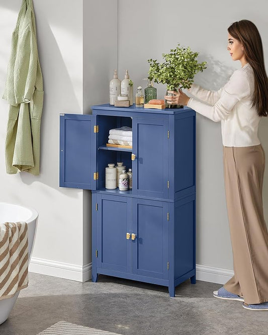 VASAGLE Floor Storage Cabinet, Freestanding Storage Unit with 4 Doors, Adjustable Shelves, 11.8 x 23.6 x 43.3 Inches, for Entryway, Bathroom, Harbor Blue UBBC552Q01